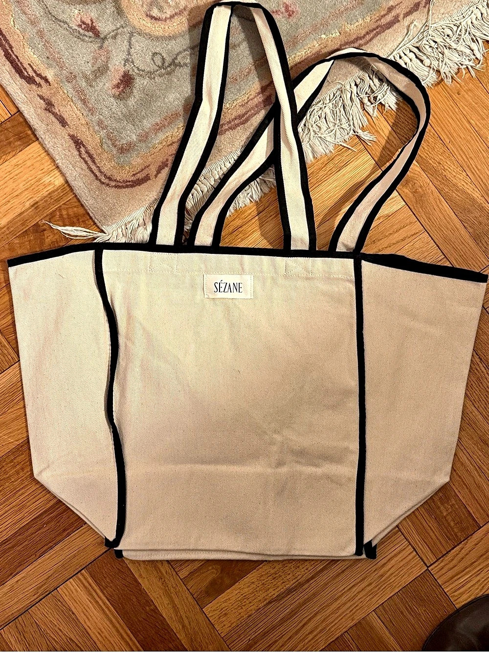 NWOT Sézane Maxi Demain Tote Bag Canvas Beige & Black